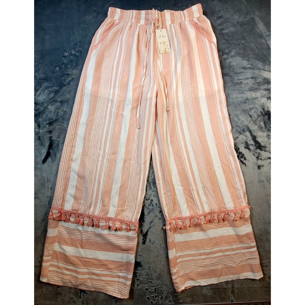 Love Womens Brittney Pants in Coral Stripes Tassels Boho Medium NWT
